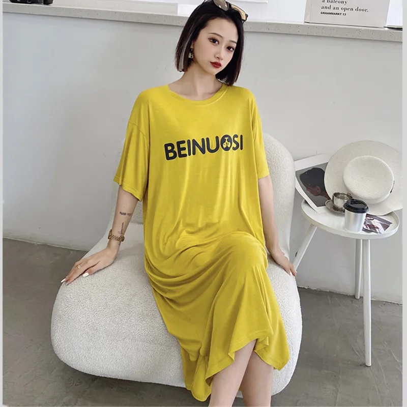 

Fdfklak New Letter Print Modal Cotton Nightgowns Women Short Sleeve Loose Long Dress Comfortable Ladie's Sleepwear Nightdress