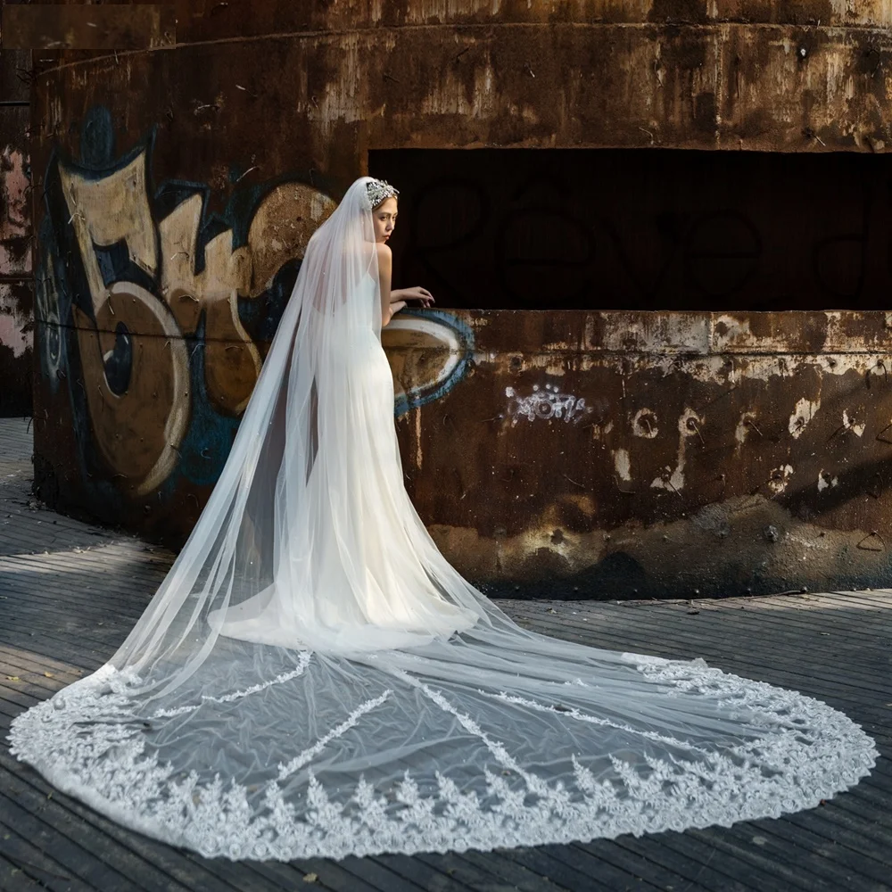

Long Bridal Veils Single Layer Cathedral Veu of Bride 4 Meters Large Royal Patterns Lace Edge Luxurious Wedding Veil With Comb