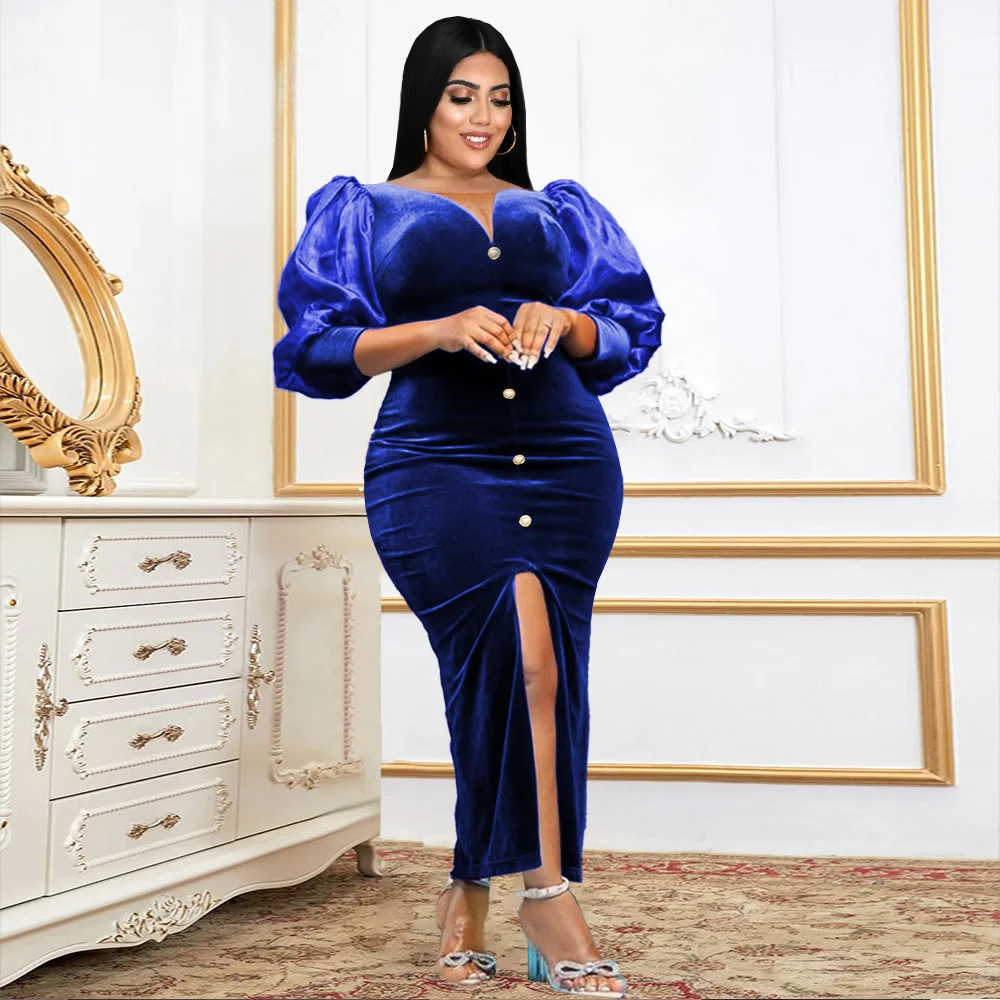 

Sexy V Neck Lantern Sleeve Velvet Button Up Mermaid Dress Wedding Evening Party Dress Women Elegant Bodycon Long Maxi ​Dress