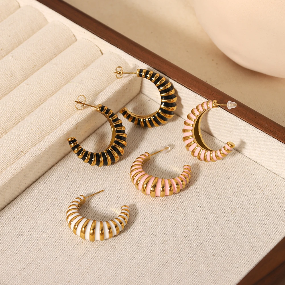 

New Trend Bohemia Twisted C Shape Croissant Earrings 18k Gold Plated Stainless Steel Enamel Hoop Earrings