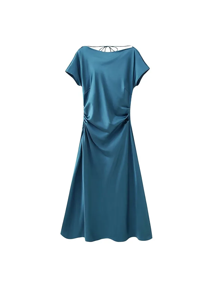 

Summer and fall women's new fashion back draped swing collar pleated ruffle waist satin short-sleeved dress