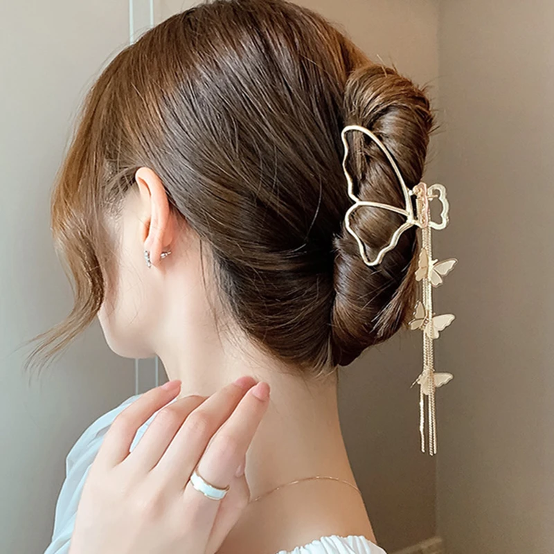 

2022 New Women Gold Geometric Butterfly Hair Claw Vintage Long Tassel Pendant Crab Hair Clips Hairpin Hair Accessories Wholesale