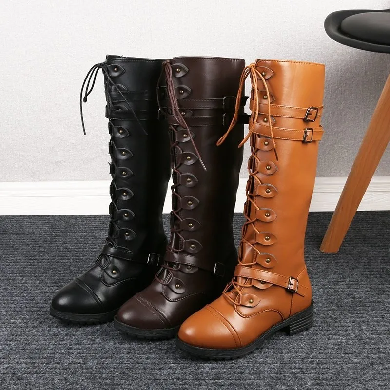 

Sexy Lace Up Knee High Boots Women Fashion Boots Flats Shoes Woman Square Heel Rubber Flock Boots Botas Winter Buckle Size 43