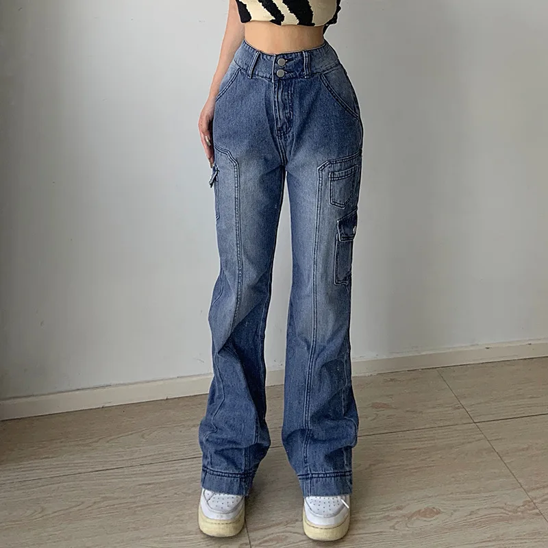 

2022 New Vintage Street High Waist Straight Casual Jeans Irregular Pocket Tooling Mopping Pants Daddy Pants Girls Jeans Loose