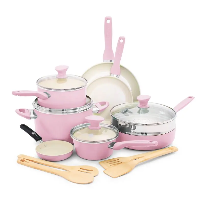 

Rio Healthy Ceramic Nonstick 16pc Cookware Set, PFAS-Free, Dishwasher Safe, Pink