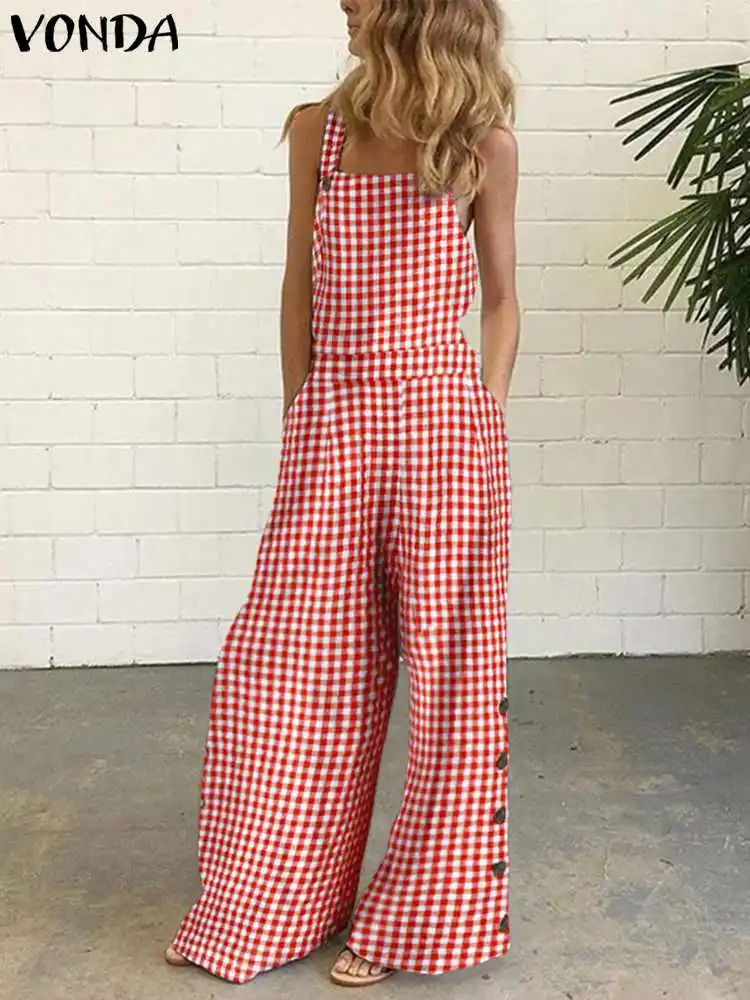 Casual Party Overalls Vintage Plaid Jumpsuits Women Rompers VONDA 2022 Sexy Sleeveless Playsuits 2022 Summer Wide Leg Pants