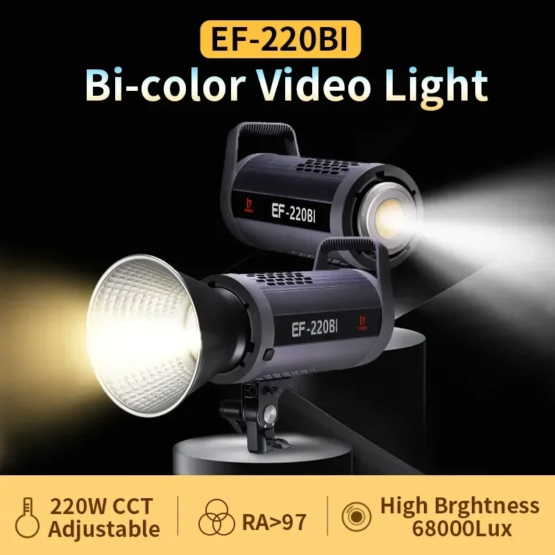 

JINBEI EF-220BI 220W Bi-color LED Video Light 2700-6500K Phone App Control 10 Lighting Effects Ultra Silent Fan For Video Record