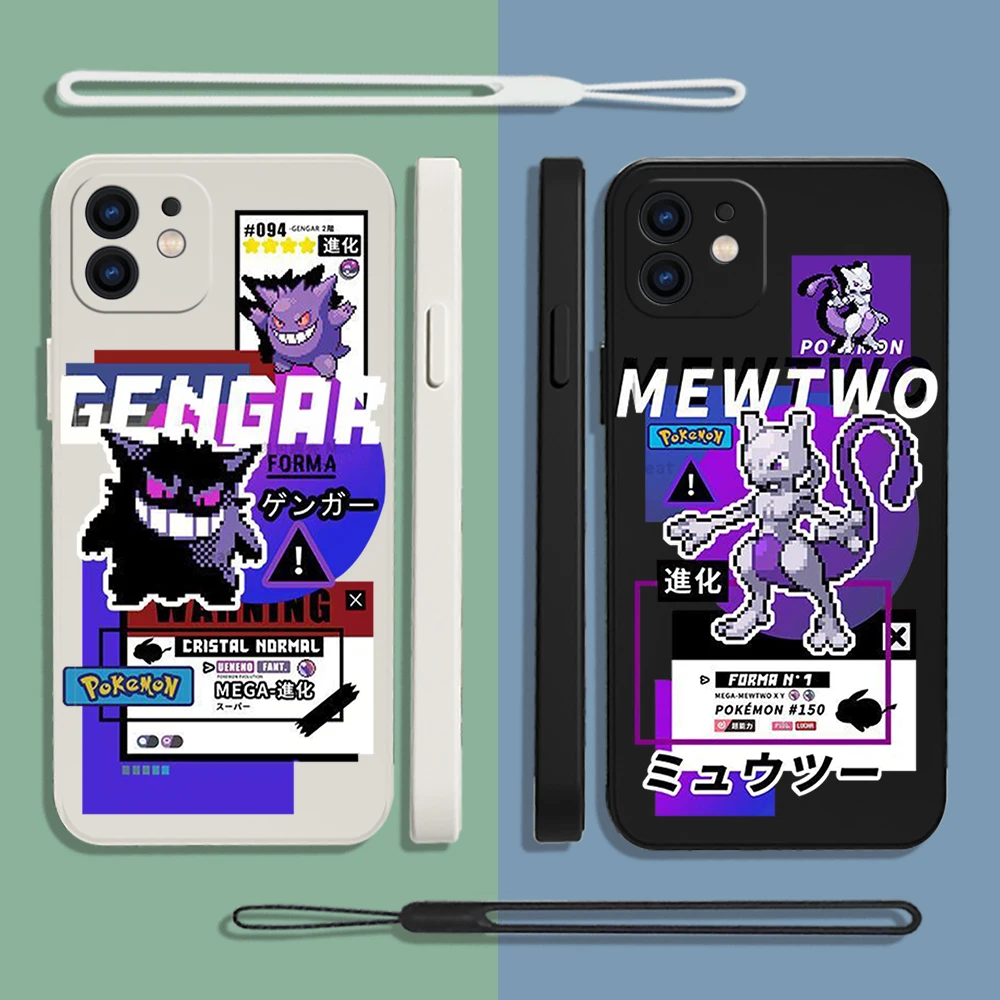 

Pokemons Gengars Mewtwos Phone Case For iPhone 14 13 12 11 Pro Max Mini X XR XS MAX Plus Silicone Cases with Hand Strap