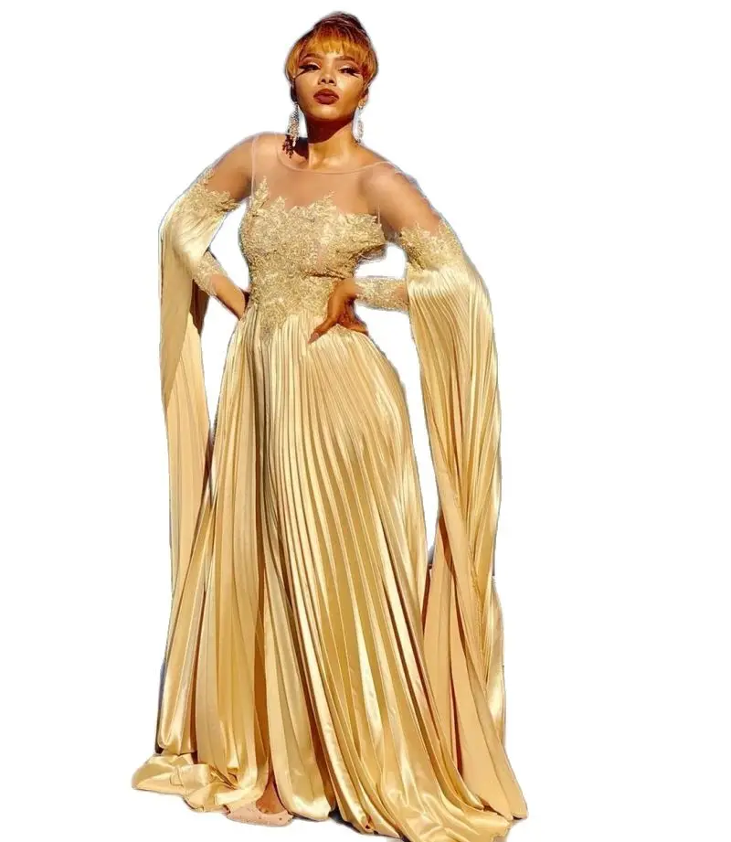 PLEINDI Luxury Evening Dresses O-Neck A-LINE Long Sleeves Floor-Length Chiffon 2022 New of Ruched Exquisite Prom Women Dress