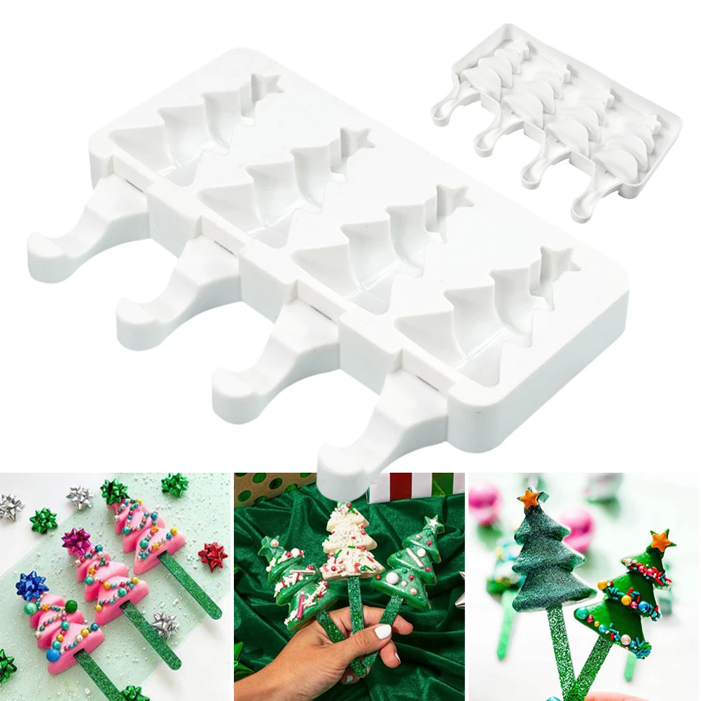 

Ice Pop Mold Food Grade Silicone Popsicle Mold 4-Cavity Christmas Tree Ice Cream Making Mold Reusable DIY Homemade Ice Dessert