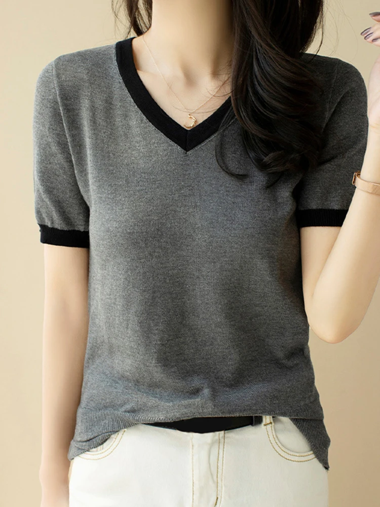 

Tops Women V Neck Short Sleeve Loose Thin Knitting Tee Shirt Femme Solid Basic Casual Summer Fashion Korean New T Shirt Female