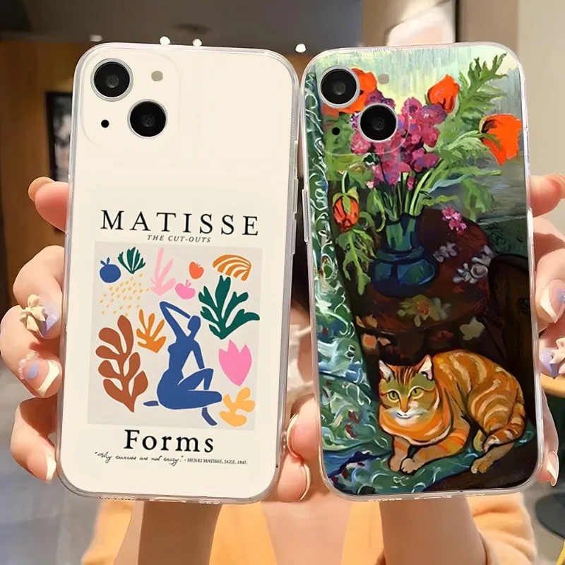 Henri Matisse Cat Flowers Art Phone Case Transparent For Iphone 14 Pro Max 11 12 Pro 13 Mini 6 6s 7 8 Plus X XR XS SE Covers