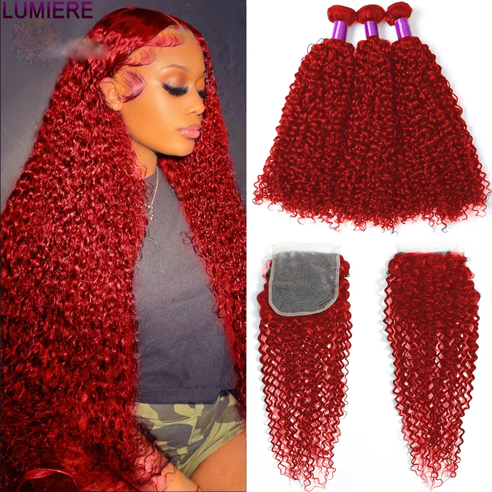 

Lumiere 10"-28" 100% Remy Red Kinky Curly Machine Double Weft Human Hair Bundles With 4X4 Closure And 13X4 Frontal For Women