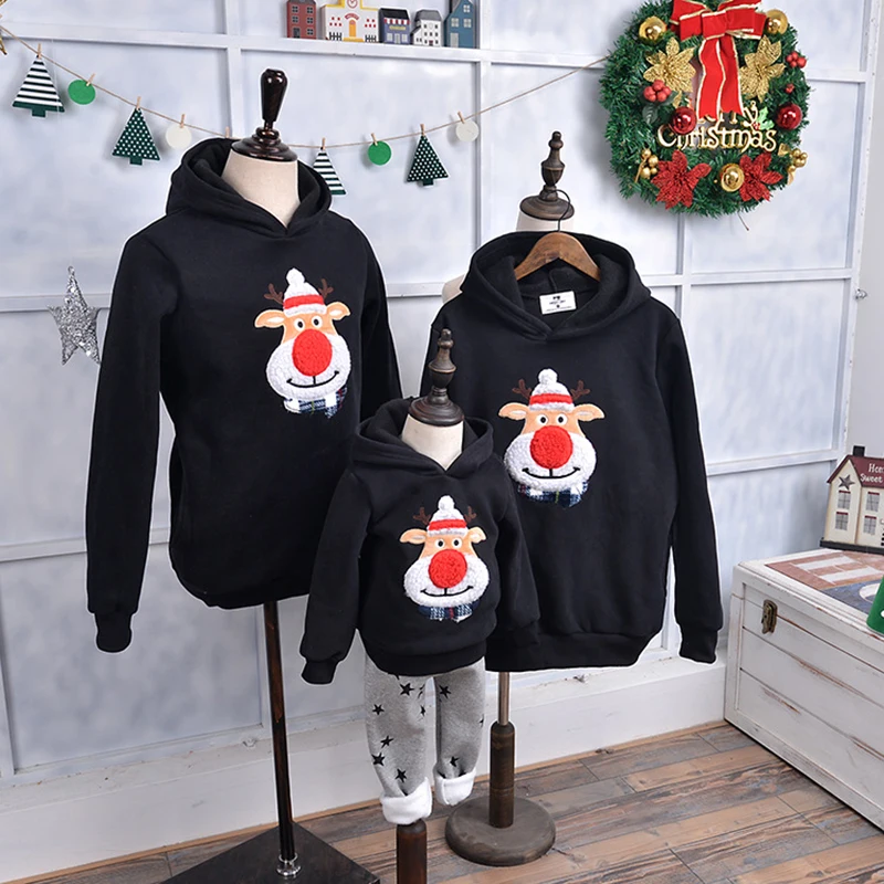 

Winter Autum Warm Fleece Long Sleeve Christmas Family Matching Clothing Set Xmas Sweatshirt Hoodies Outfit Women Men Kids Child