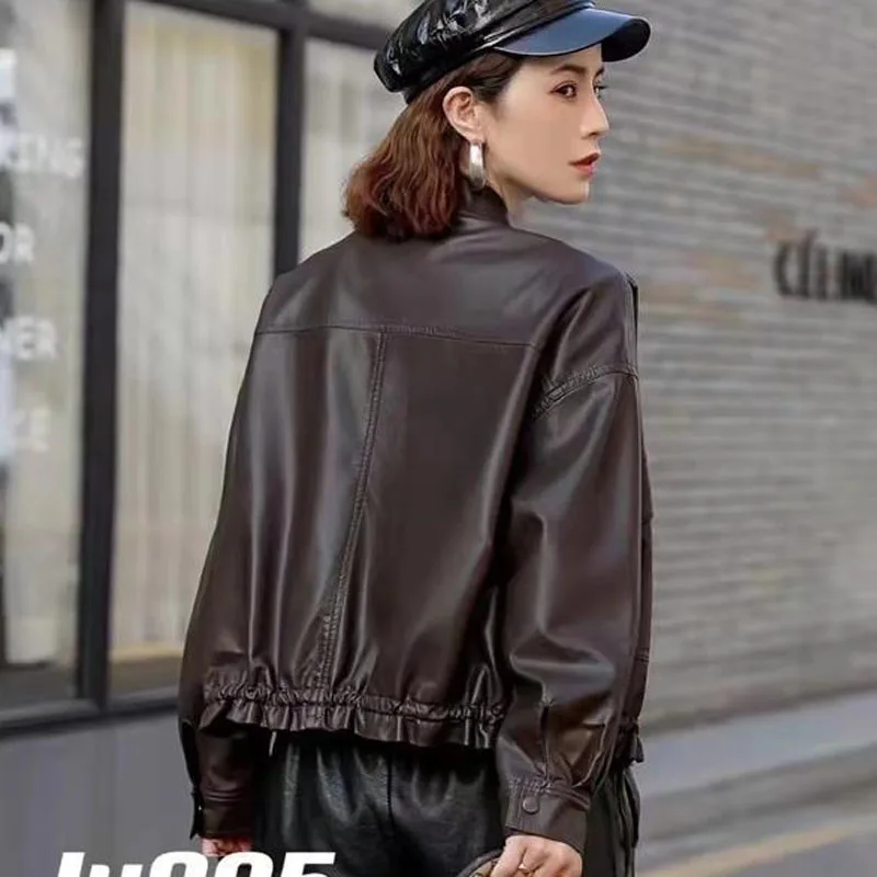 1pcs Women's PU Leather Jackets Coat 2022 Autumn Fashion Faux Fur Buttons Splicing Bandage Ladies Skinny Locomotive Small Coats