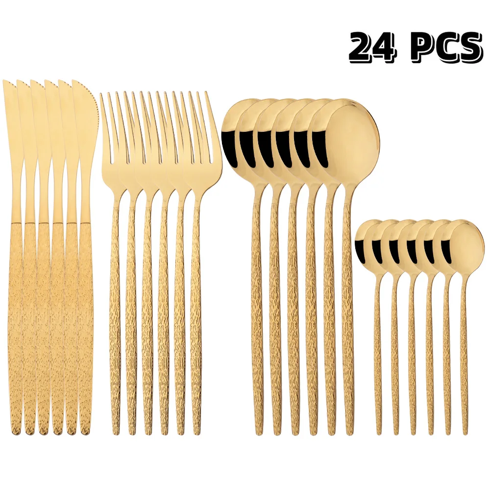 

24Pcs Gold Dinnerware Set Stainless Steel Cutlery Set Mirror Silverware Knife Fork Spoon Tableware Flatware Set Service for 6