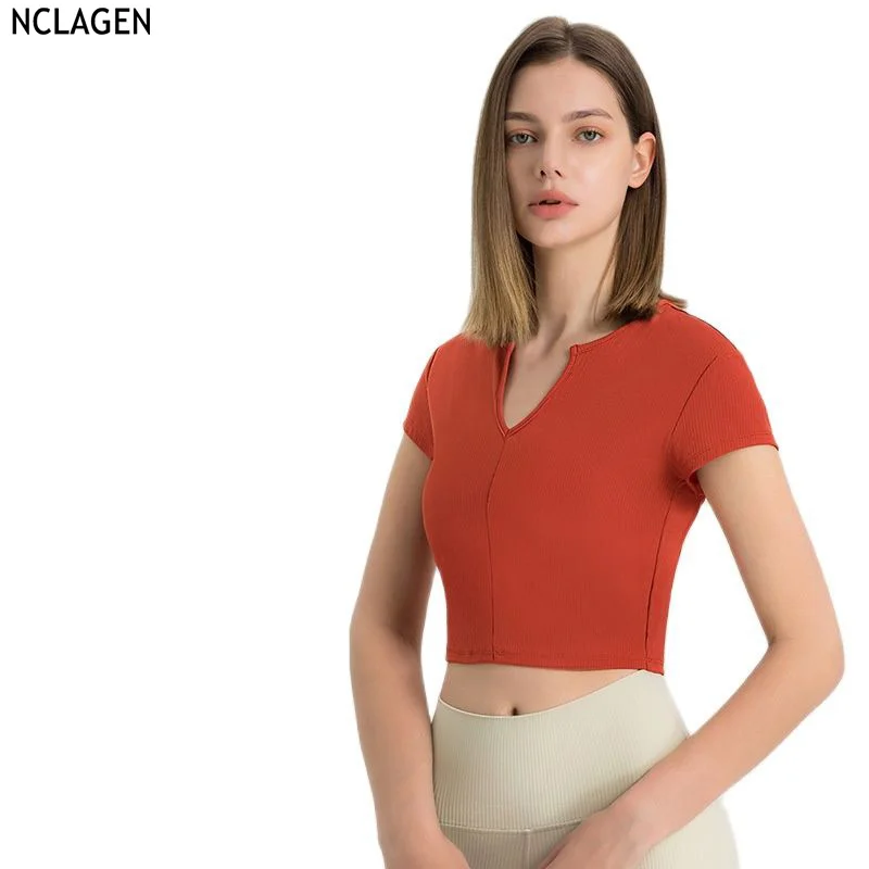 

NCLAGEN полосатый Глубокий V-образный вырез спортивная футболка с коротким рукавом для женщин дышащая уличная спортивная Фитнес Йога рубашки тренировки