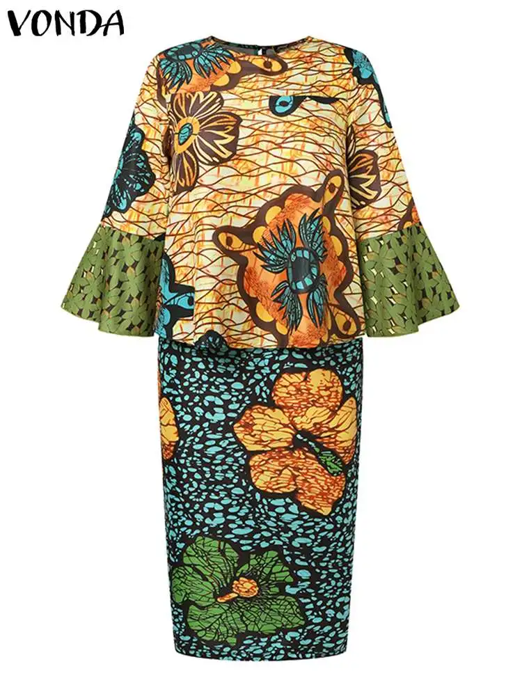 Осенний богемный Женский костюм с длинным Расклешенным рукавом и цветочным