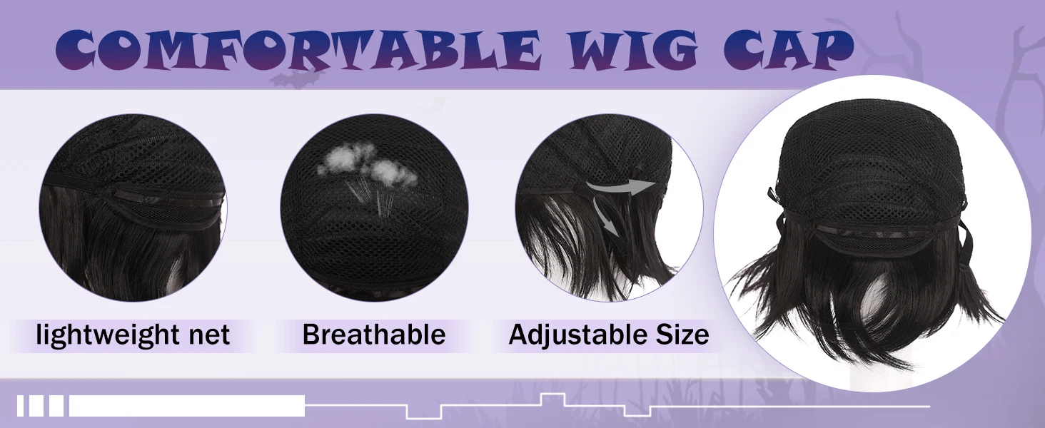 black short cosplay wig breathable comfortable wig cap adjustable straps