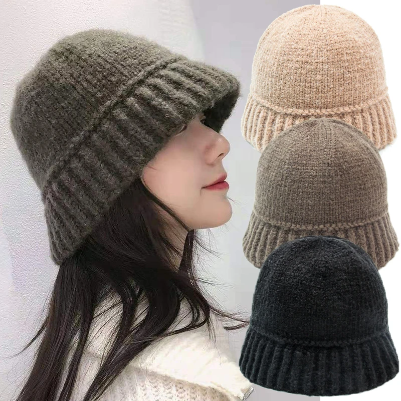 

Winter Women Bucket Hat Casual Solid Color Knitted Wool Hats Warm Thicken Dome Panama Caps Fisherman Cap Bonnet Skullies Beanies