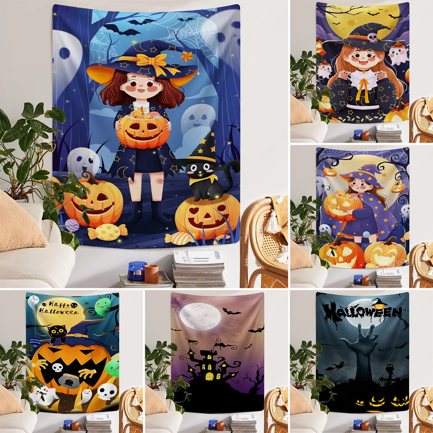 

Haunted House Bed Cover Occult Pumpkin Background Halloween Picnic Mats Witch Wall Decor Blanket Tapestry Decoration Bedding