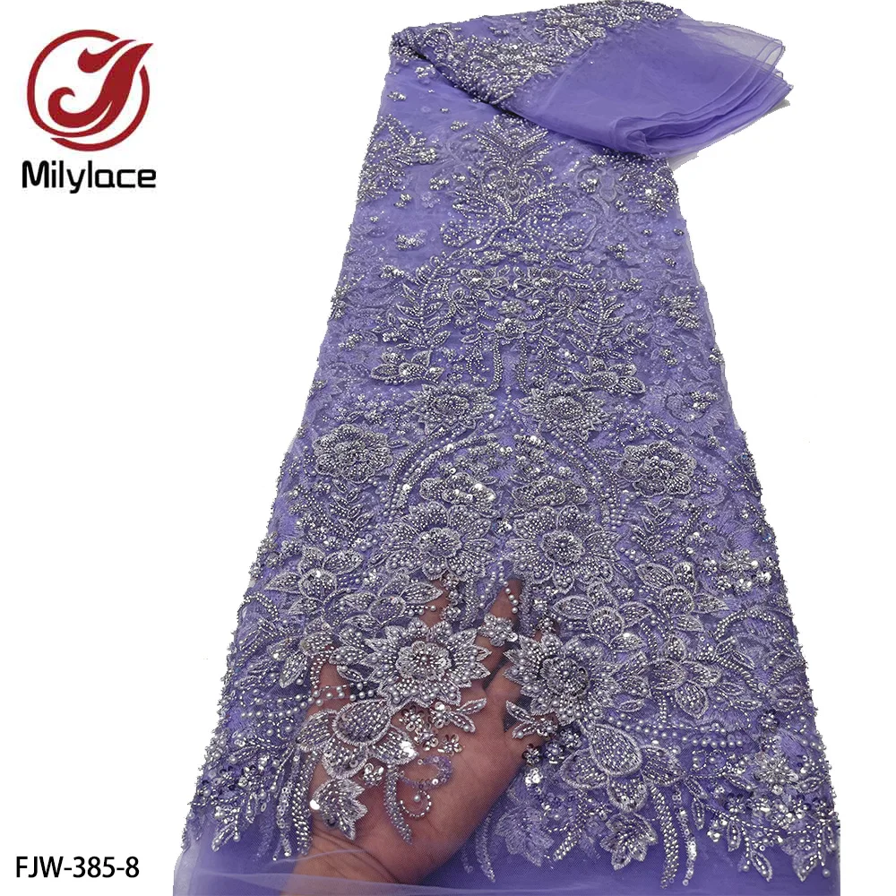 

Beautiful French Tulle Mesh Net Embroidery Sequins Luxury Beaded Lace Fabric for Nigerian Wedding FJW-385