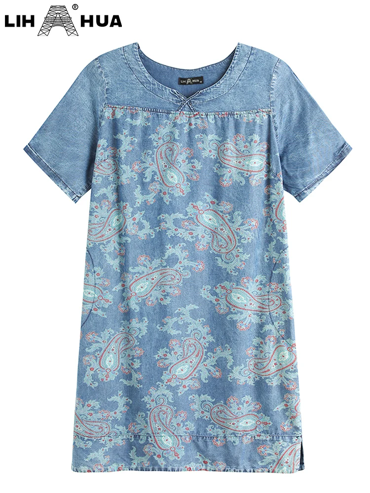 LIH HUA Women's Plus Size Denim Dress Summer Chic Elegant Dresses For Chubby Women Round Neck Woven Cotton  Dress
