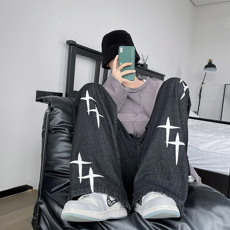 

Hip Hop Men Jeans Korean Loose Blue Straight Leg Pants Spring Casual Oversized Men's Clothing Streetwear Printed Denim Trousers