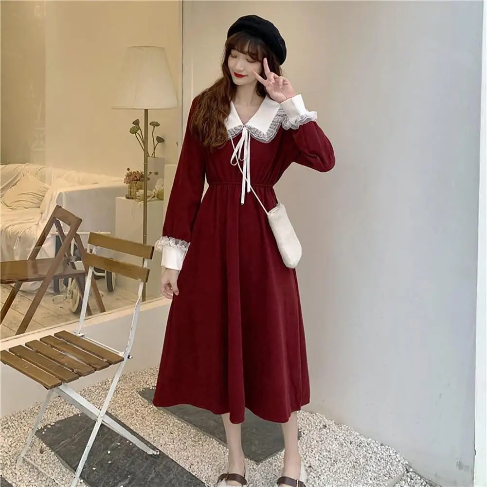 

Christmas Dress Bowknot Midi Dress Large Lapel A-line Sweet Dress Lace Trim Long Sleeve Tunic Dress Plus Size vestido فستان