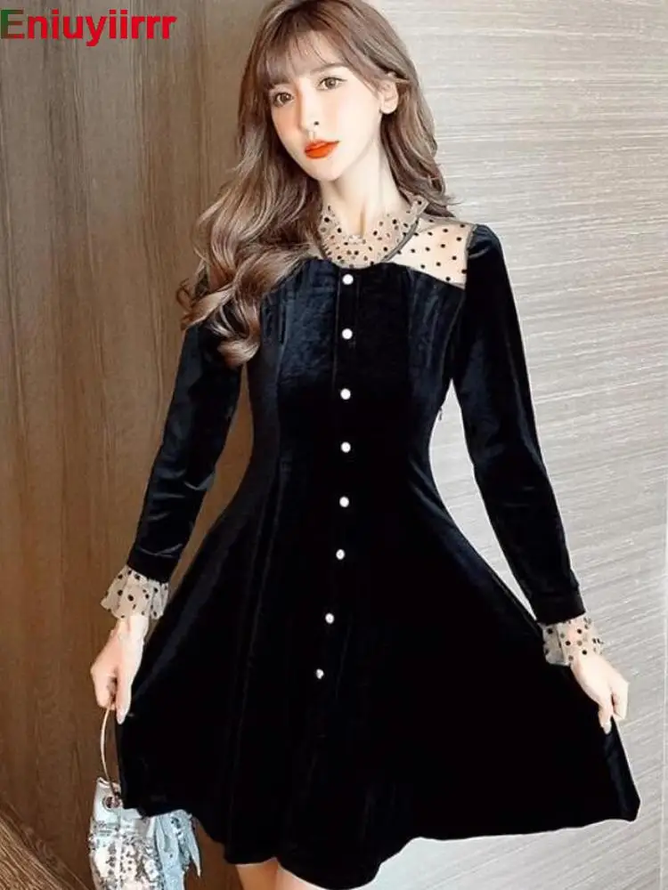 

2022 женская зимняя Весенняя базовая одежда для вечерние Новогоднее свидание элегантное лоскутное прозрачное Сетчатое маленькое черное мин...