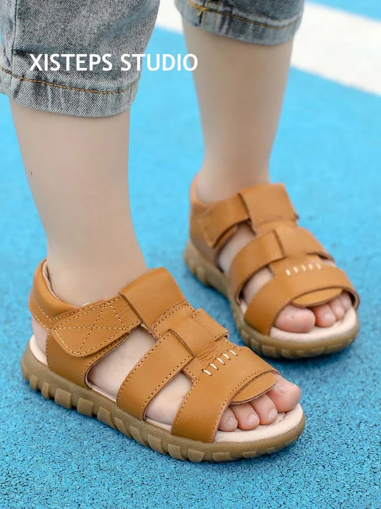 XISTEPS Real Leather Sandals For Kids Boys 2023 Summer Anti-slip Genuine Leather Shoes Girl Boy Footwear Beach Sandals