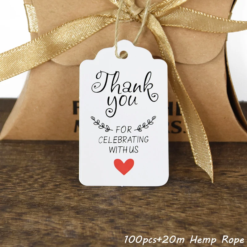 

100pcs Kraft Paper Gift Tags with 20m Hemp Rope Thank You Printed Packaging Decor Hang Tags Labels For Wedding Festival Party