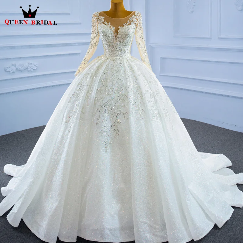 

Wedding Dress 2023 Luxurious V-neck Illusion Long Sleeves Bridal Gown Sequined Crystal Beading Ball Gown Lace Up Custom LK04