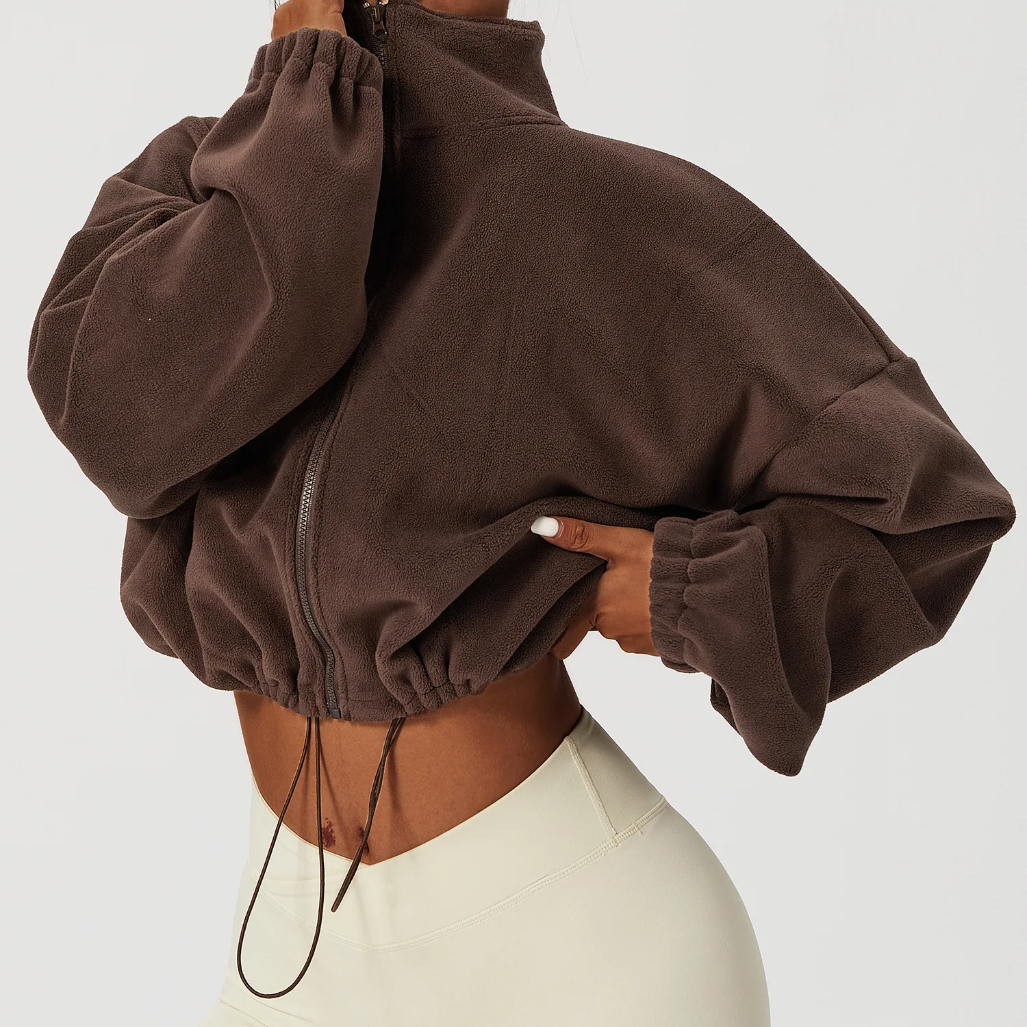 

Warm Fleece Autumn Winter Coat For Women Vintage Stand Collar Zipper Up Hoodie Drawsring Streetwear Jacket Roupas Femininas