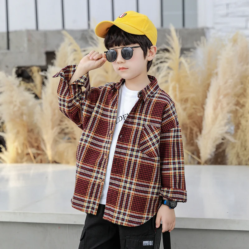 

2022 Spring Autumn baby Boy plaid Shirt Long Sleeve big Plaid Shirts for teenage boys 4 5 6 7 8 9 10 11 12 years children shirt