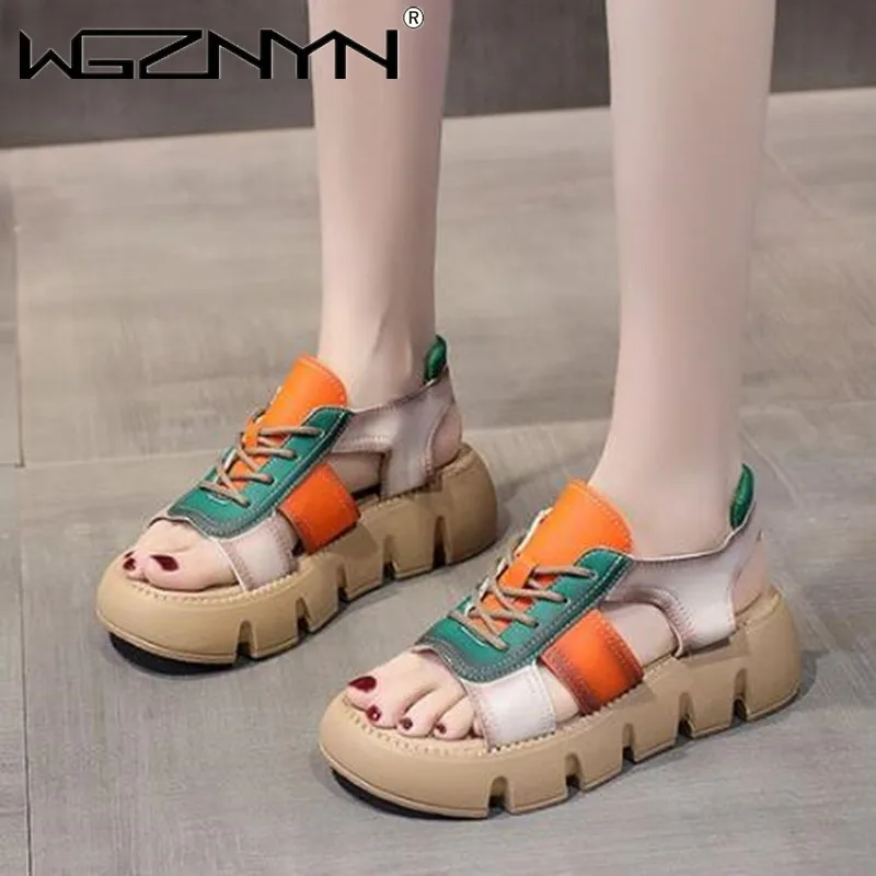 

2022 NEW Mixed Colors Women Retro Sandals Wedges Heel Open Toe Lace-up Genuine PU Leather Platform Sandals Women Summer Shoes