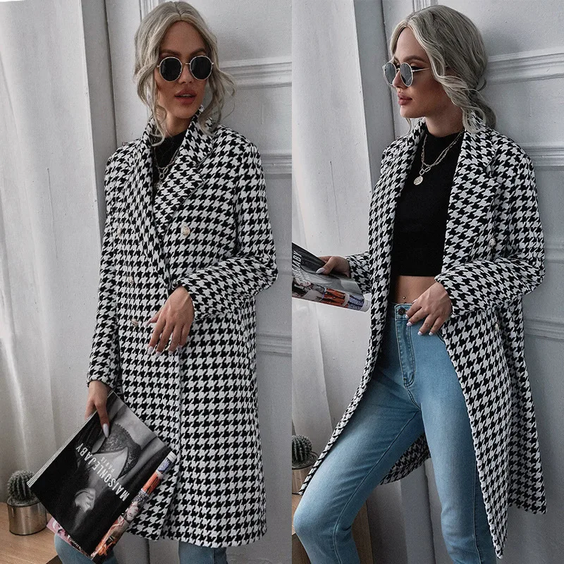 

Women Coat Fall Winter Fashion Houndstooth Print Long en Coat Female