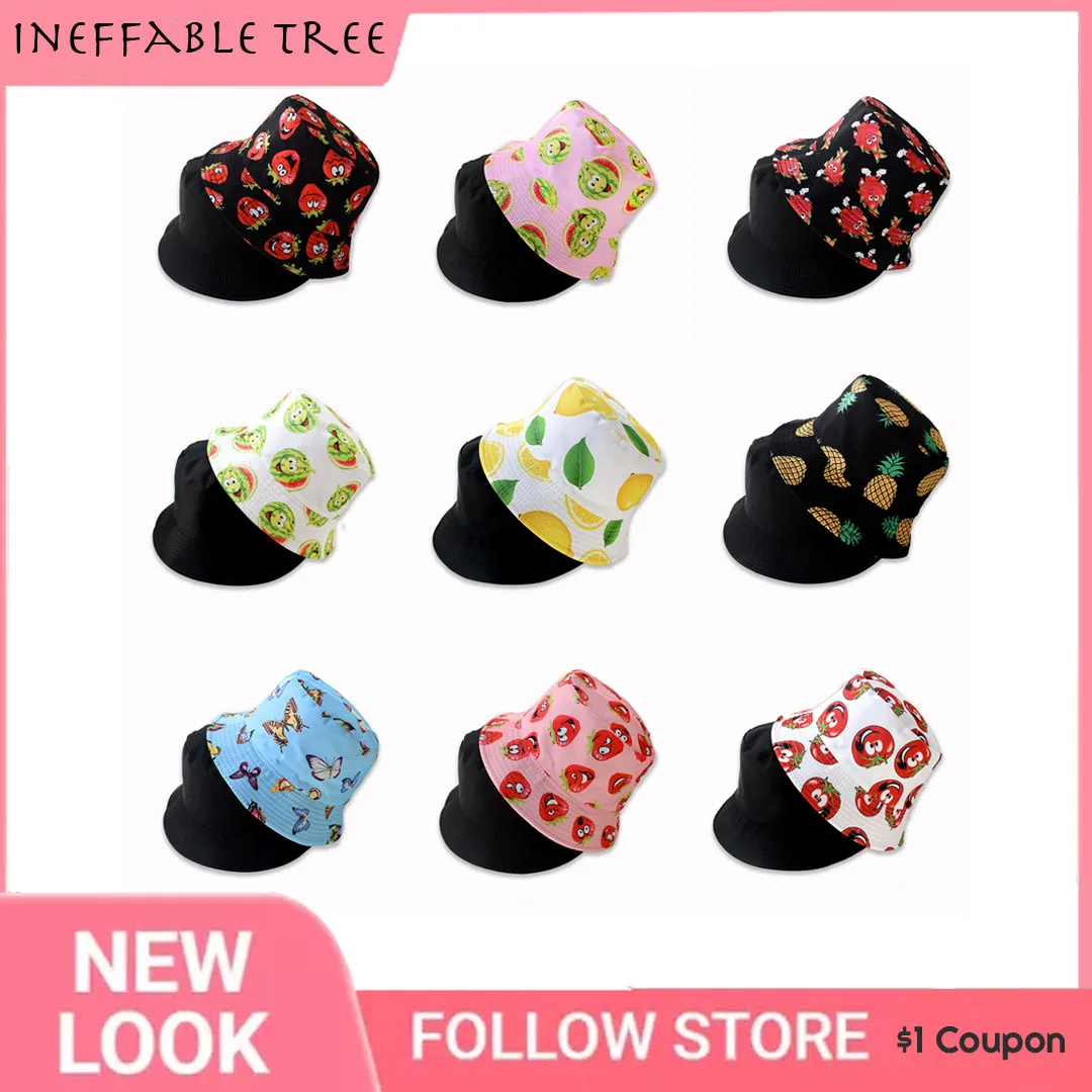 

20 Styles Unisex Bucket Hats Summer Double-sided Wear Fruit Printing Women Cap Outdoor Sun Hat Men Classic Panama Bucket Gorra