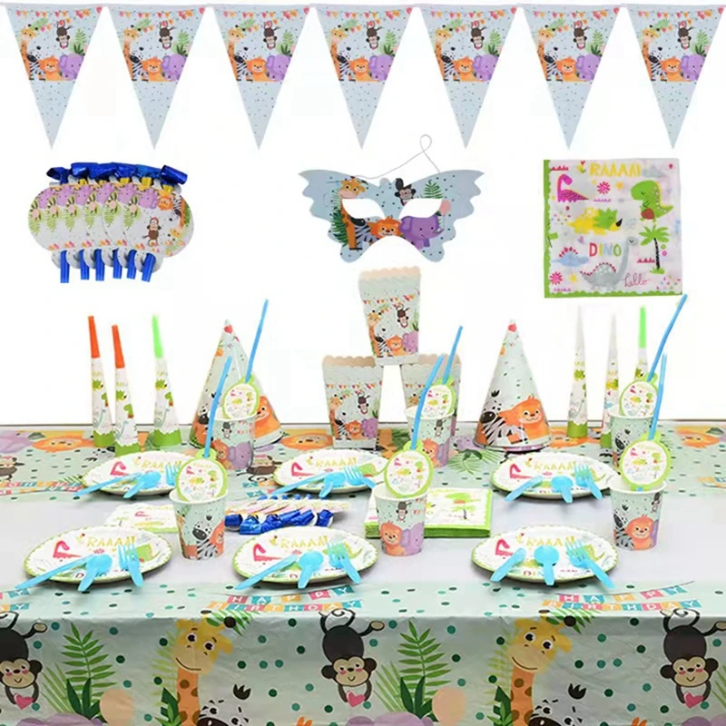 

Jungle Party Supplies Safari Party Cartoon Animal Disposable Tableware Paper Cup Plate Tablecloth Kids Birthday Party Decoration