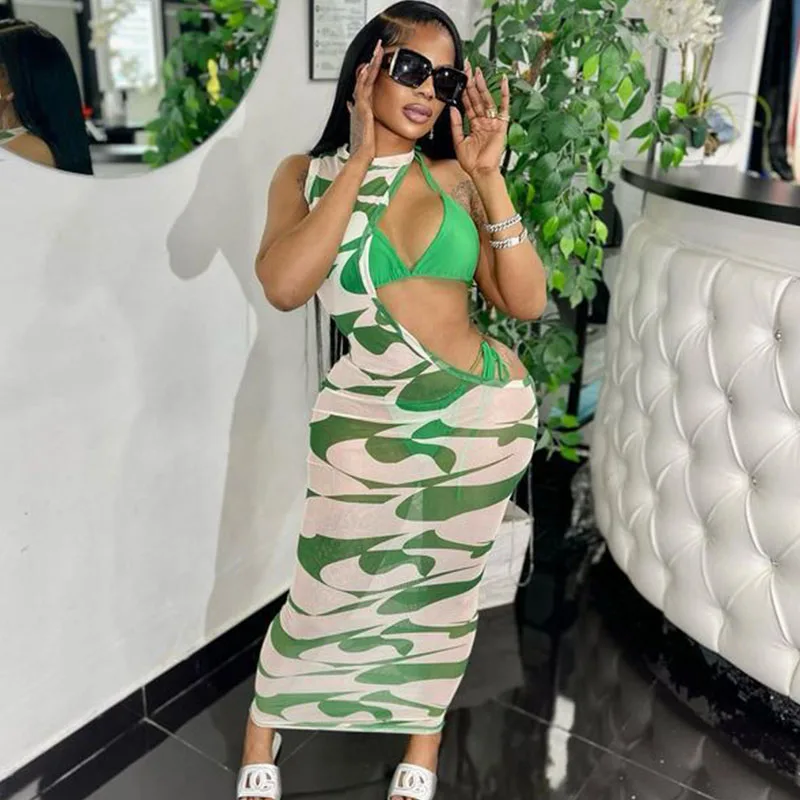 

Sexy Sheer Mesh Summer Dress Women Beach Vacation Cut Out Irregular Bodycon Maxi Dress with Bikini Cover Up Party Long Dresses