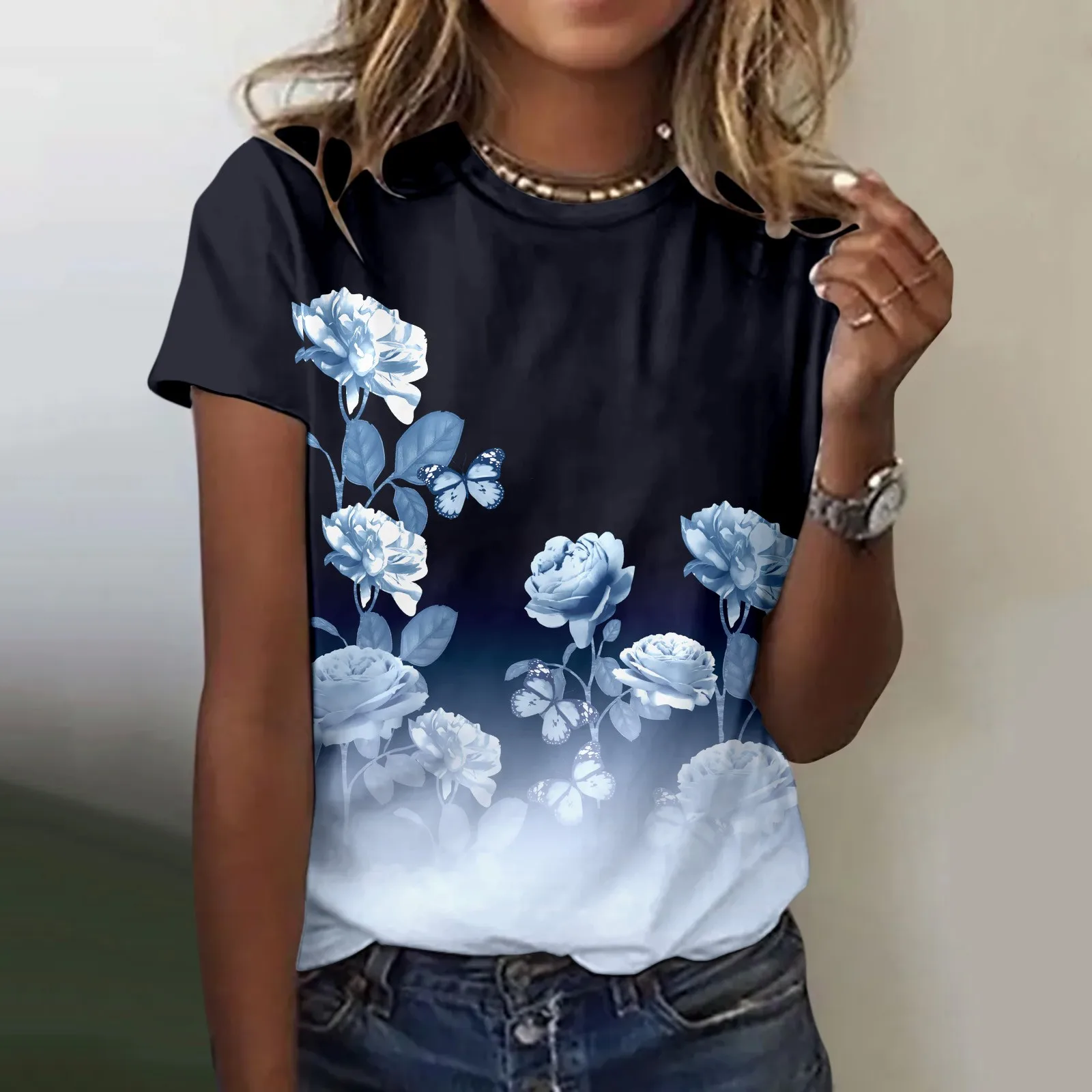 

Suitable Tops For Women Fashion Round Neck Short Sleeve Summer Vacation T Shirts Flower Printing Long Sleeve Woman Shirts