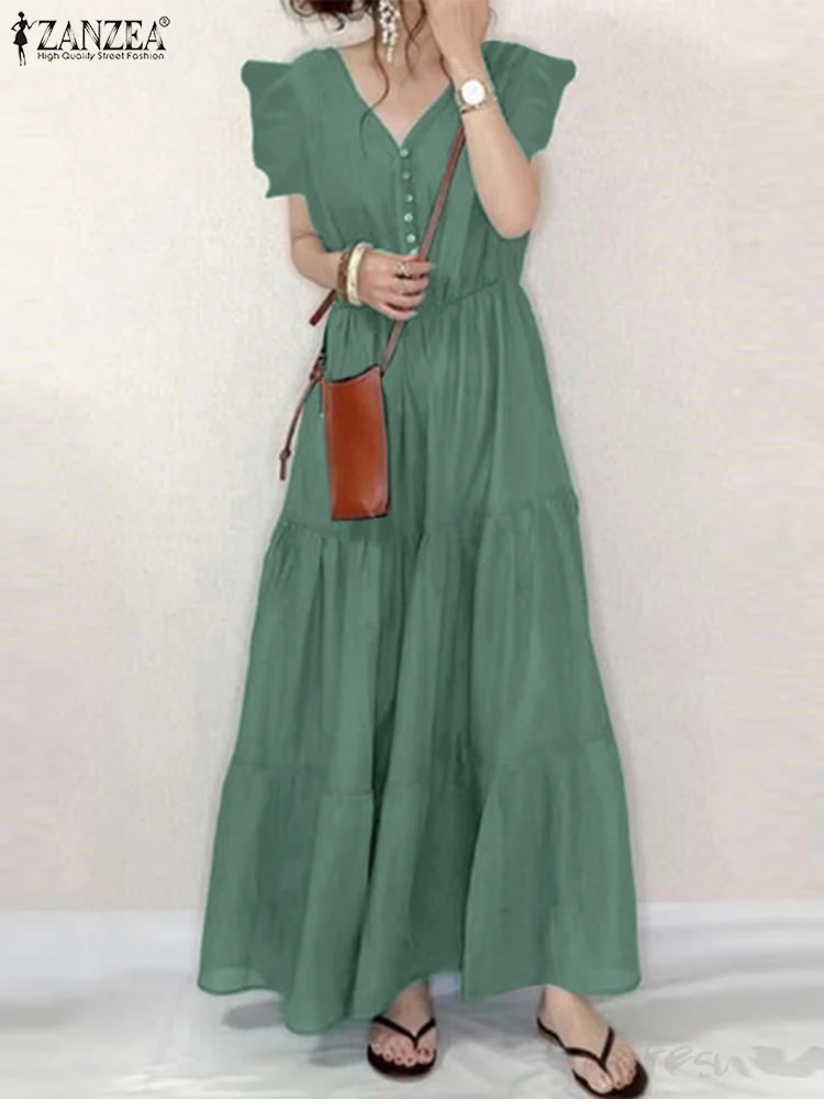 

Модный женский праздничный сарафан ZANZEA, Летнее Длинное Платье Макси без рукавов с V-образным вырезом и оборками, платья, кафтан, Пляжное вече...