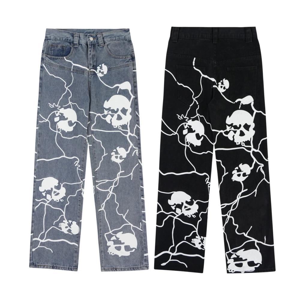 Full Skulls Printed Gothic Jeans Trousers for Men Women Distressed Retro Dark Academia Black Pants y2k Streetwear Grunge Clothes