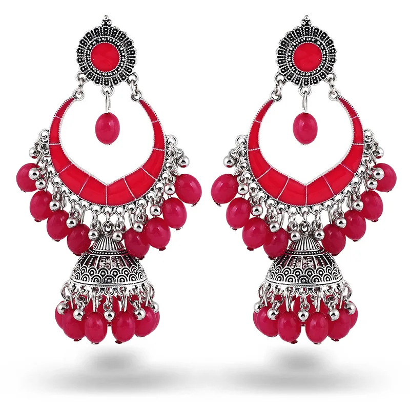 

2022 Ins Indian Jhumki Jhumka Hot Pink Beads Flower Nepel Tibet Thailand Piercing Earrings Vintage Trendy Women Party Jewelry