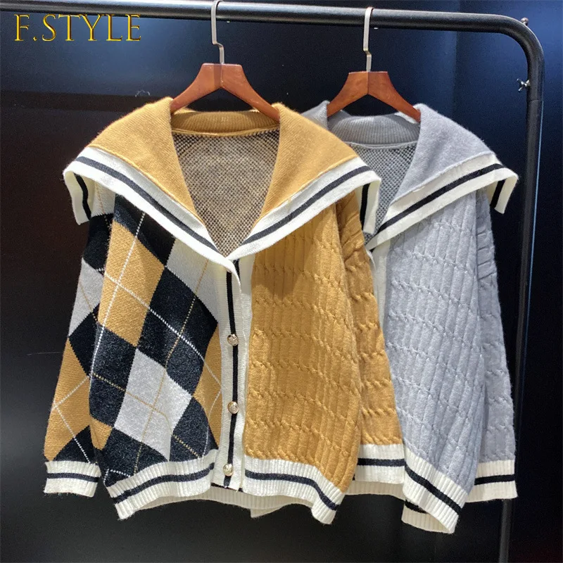 F GIRLS Plaid Stitched Knitted Cardigan Sailor Collar Retro Sweater Women 2021 Autumn Winter New Japanese Preppy Style Coat