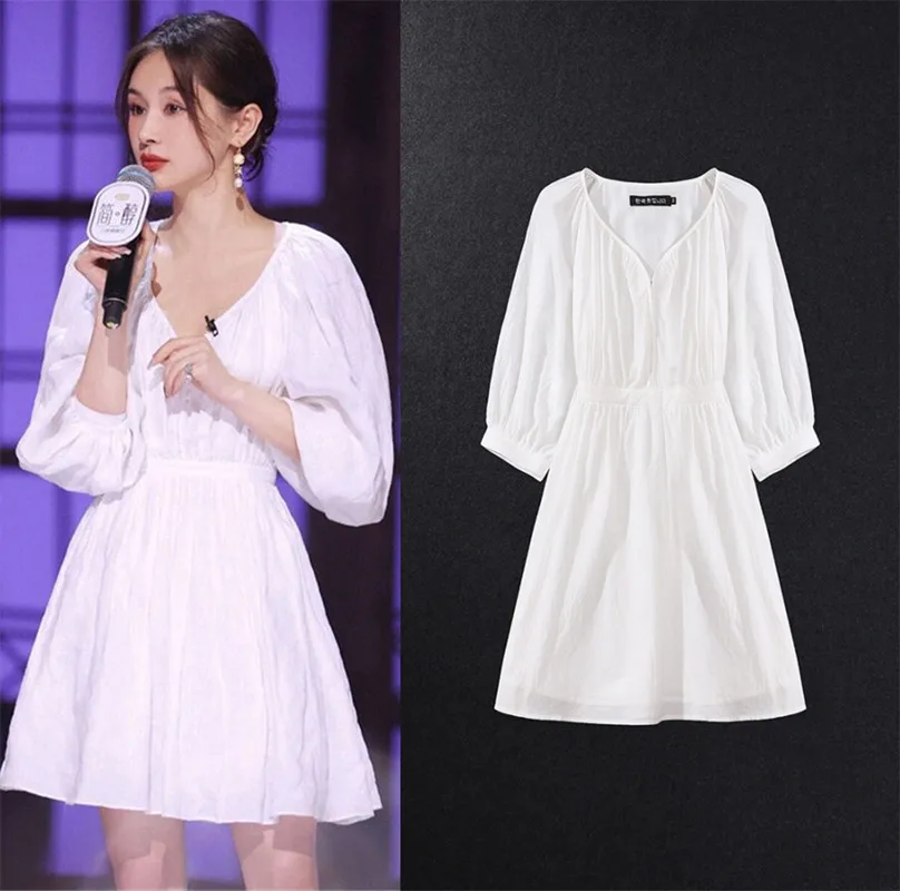 

2022 spring new star with French puff sleeves waist V-neck white dress small fresh female eam dress harajuku dress