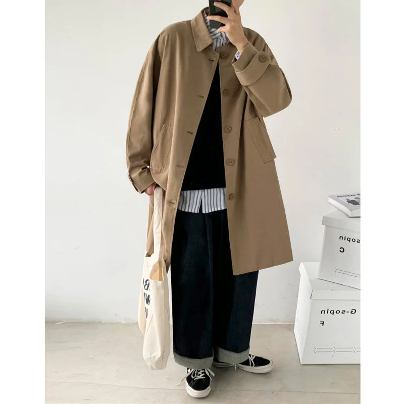 

Autumn khaki black trench coat men's fashion oversized long coat