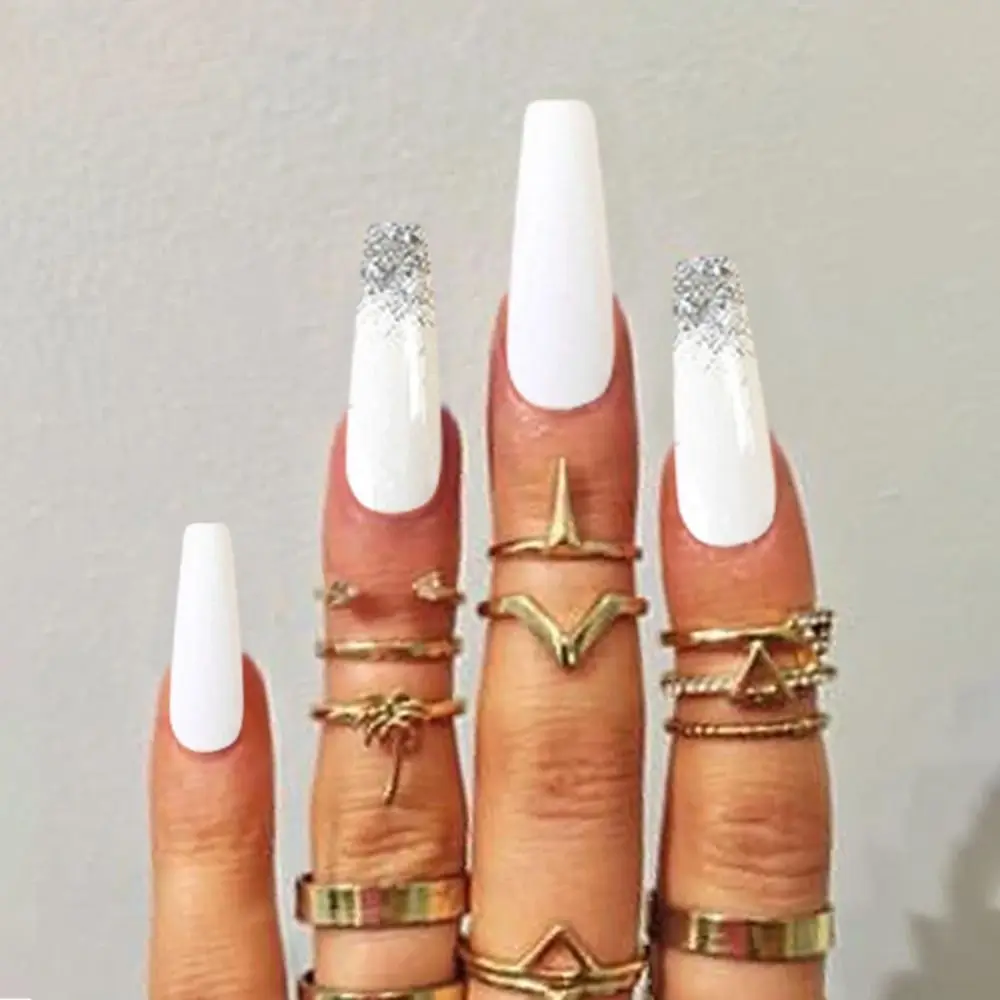 

24pcs Nail Tips DIY Pure Color Full Cover Long Ballerina Glitter Fake Nails French