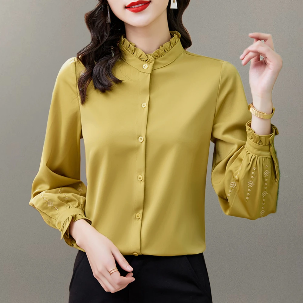 

Women Satin Blouses Solid All-match Workwear Basic French Office Business Clothes Elegant Embroidered Women Long Sleeve Shirts