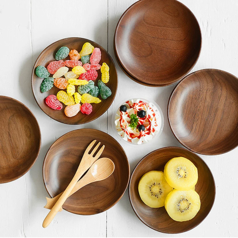 

1pc Kitchen Round Wooden Dried Fruit Tray Snack Plate Handcraft Food Dish Tray Walnut Wood Tableware Japanese Kitchen Cake Stand